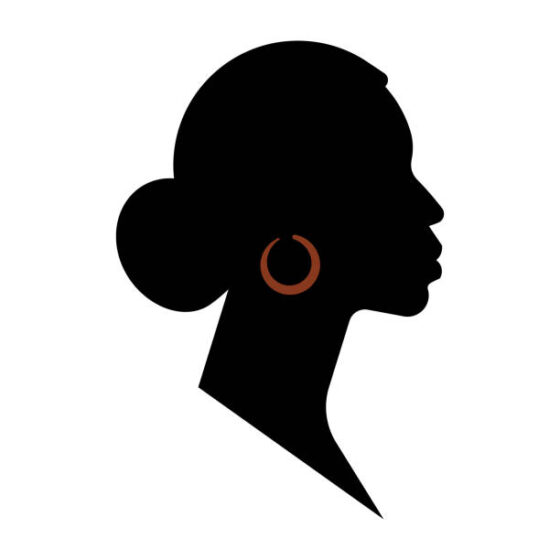 Black silhouette of woman with gold earring. Face shape, profile, side view. Abstract portrait of woman, African-American ethnicity. Modern minimalist style vector illustration.